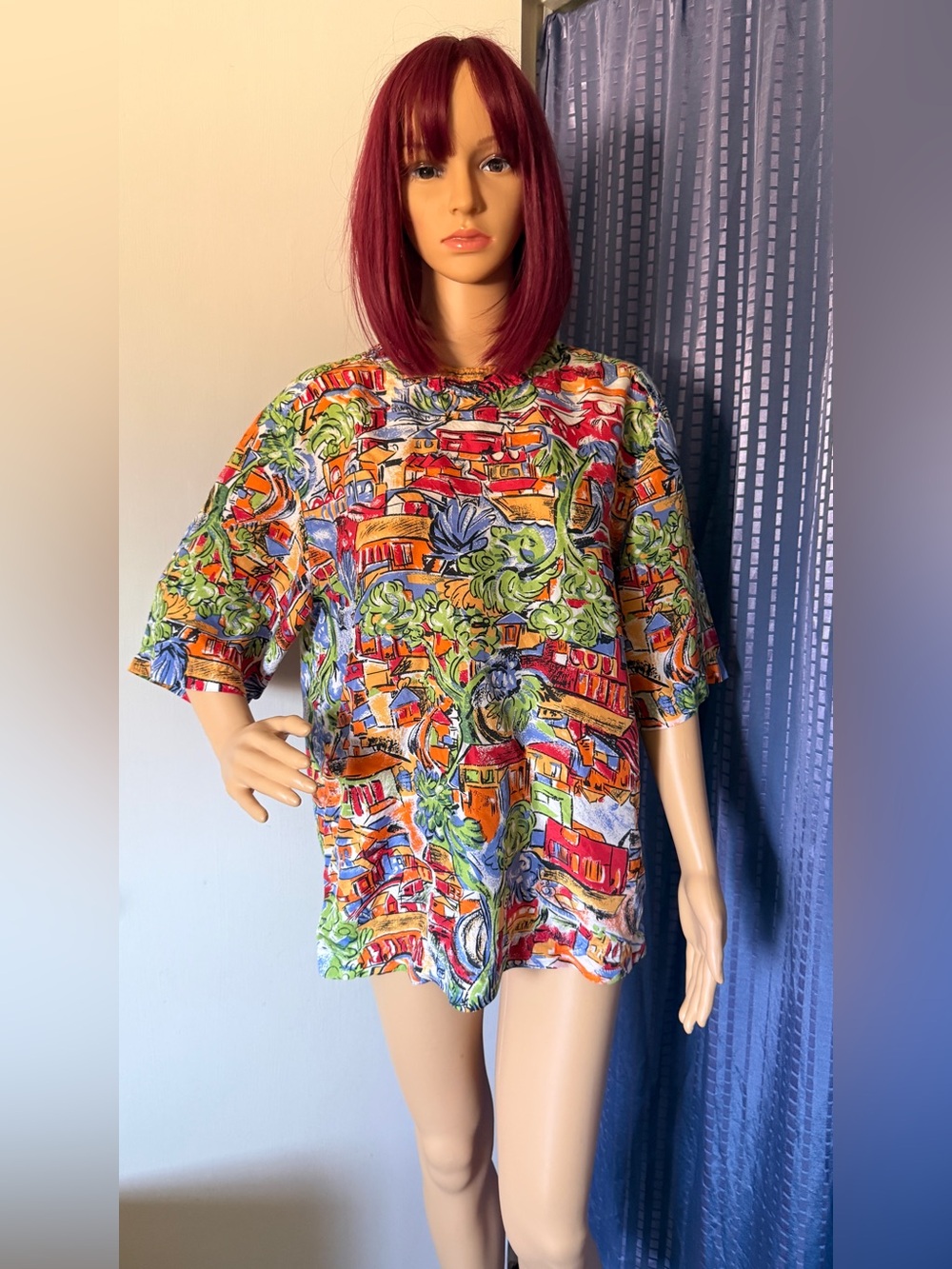 Vintage KRISS KROSS 100% Silk Art Print Blouse Top M Colorful Village Houses USA